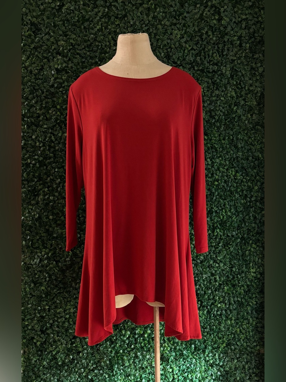 Sz L Alfani Brick Red Handkerchief Hem Swing Dress 3/4 Sleeve